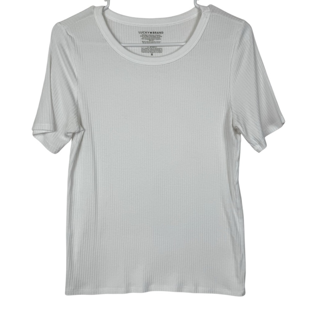 Lucky Brand White Ribbed Scoop Neck Short Sleeve T-Shirt Modal Cotton Blend Sz M